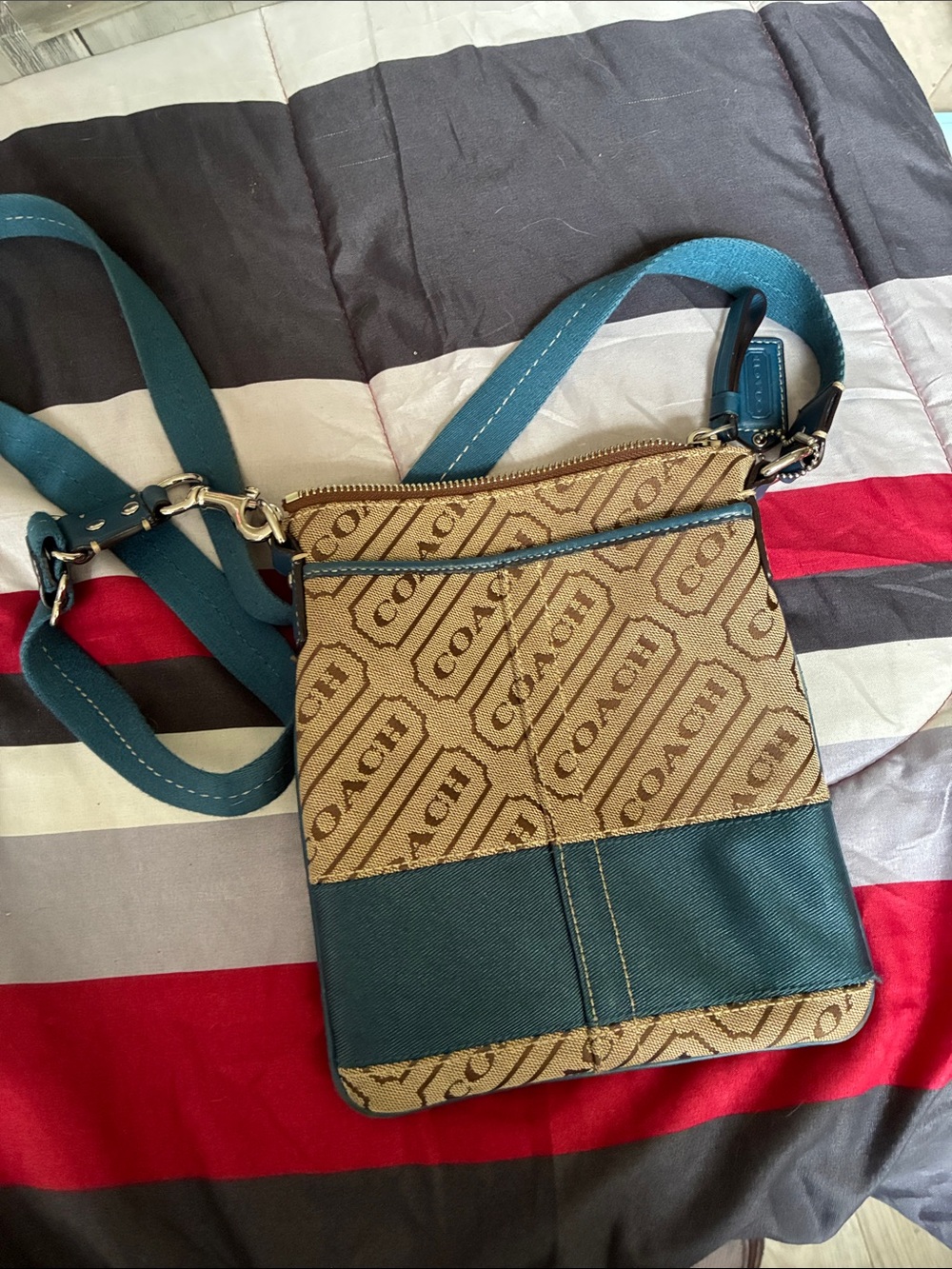 Coach Tan and Teal Signature Crossbody Messenger